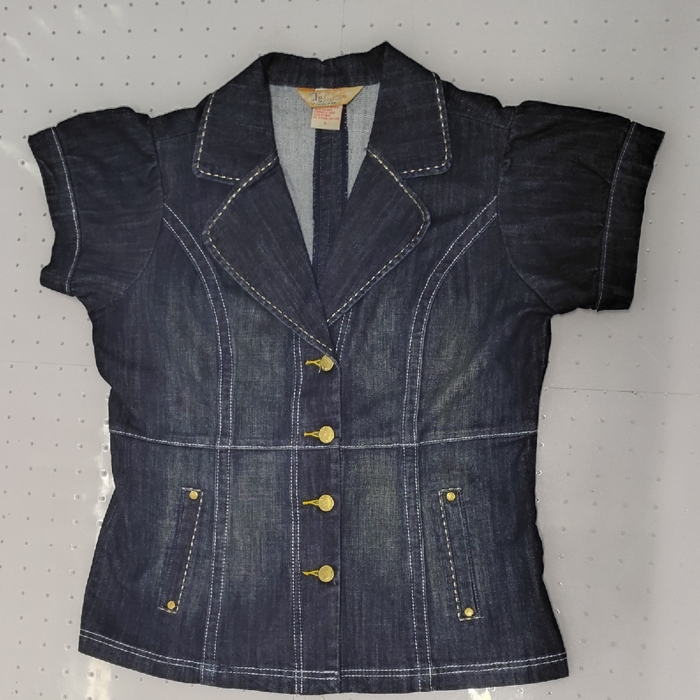 J2 BY JOU JOU *NEW* VTG DENIM TOP/ JACKET DEEPWASH, GOLD DETAILS WOMEN'S SZ LARG